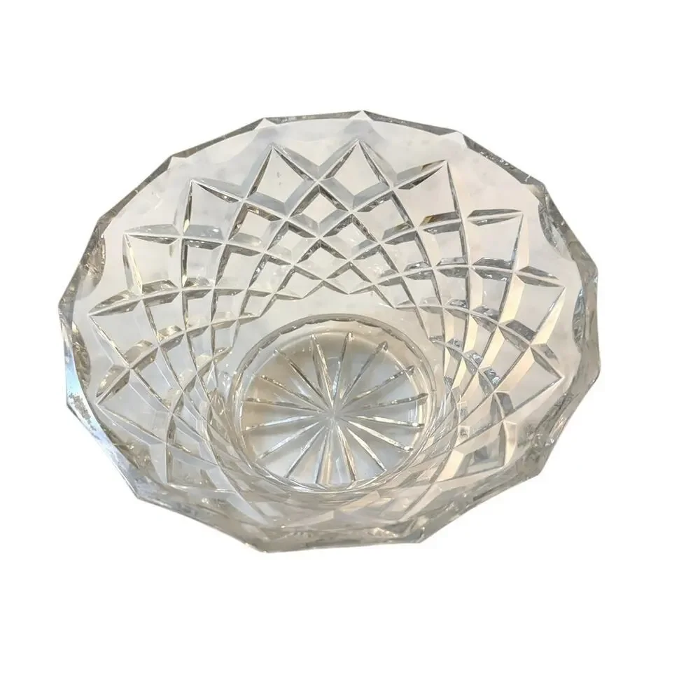 Vintage Heavy Cut Crystal Bowl Diamond Lattice Starburst Base Bohemian Style 8